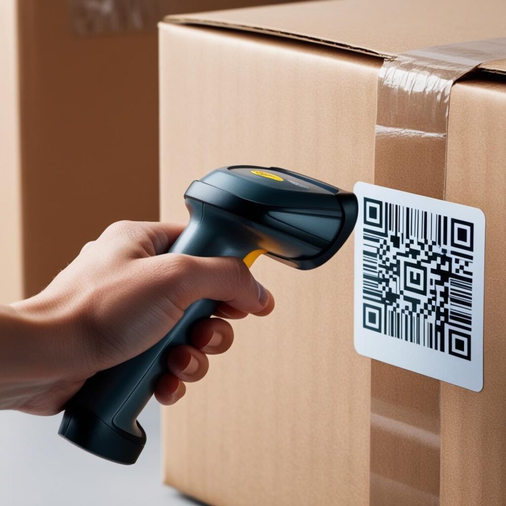 a hand holding a barcode scanner